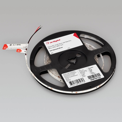 Лента светодиодная RT-A120-8mm 24V Red (9.6 W/m, IP20, 2835, 5m) (Arlight, 9.6 Вт/м, IP20)
