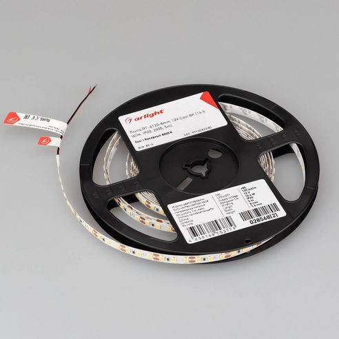 Лента светодиодная RT-A120-8mm 12V Cool 8K (14.4 W/m, IP20, 2835, 5m) (Arlight, Открытый)