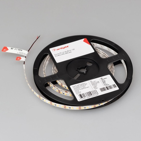 Лента светодиодная RT-A120-8mm 12V Warm3000 (9.6 W/m, IP20, 2835, 5m) (Arlight, Открытый)